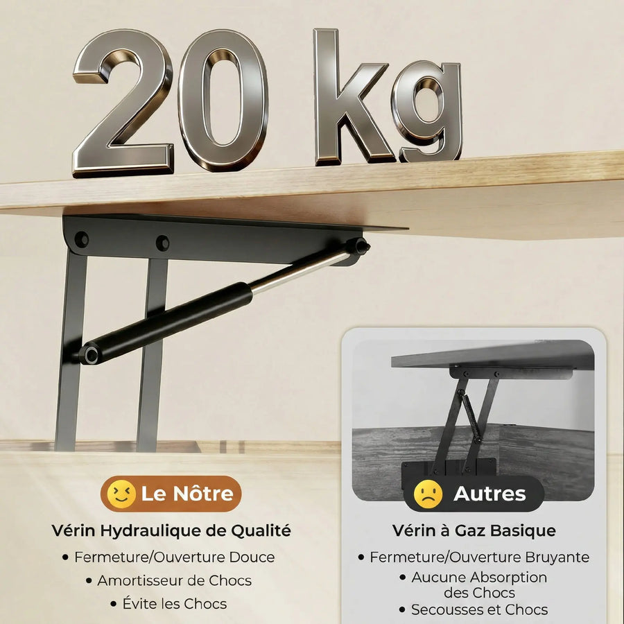 Table basse relevable double plateau bois naturel, idéale pour dîner à deux au salon