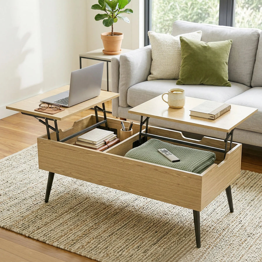 Table basse relevable double plateau en bois naturel et pieds en métal noir