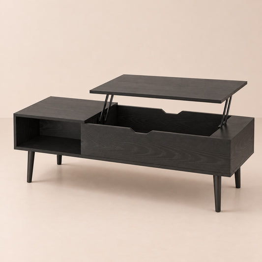 Table basse relevable bois noir, plateau relevé