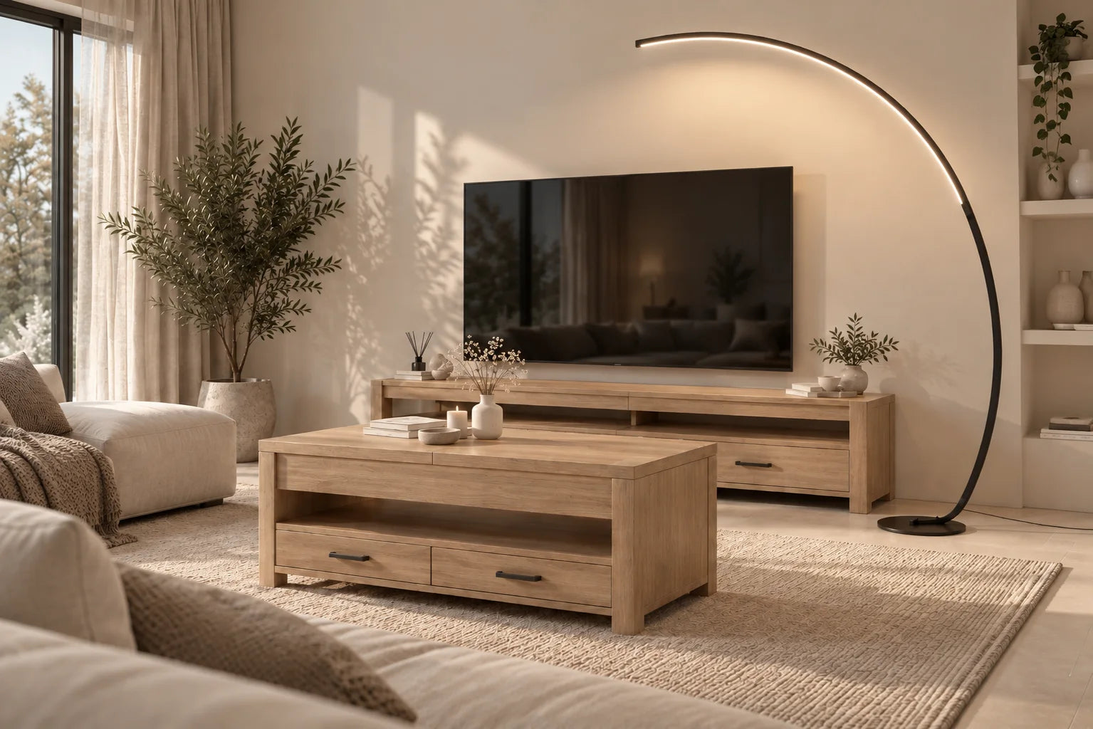 Salon chaleureux avec table basse relevable en bois et lampadaire arc