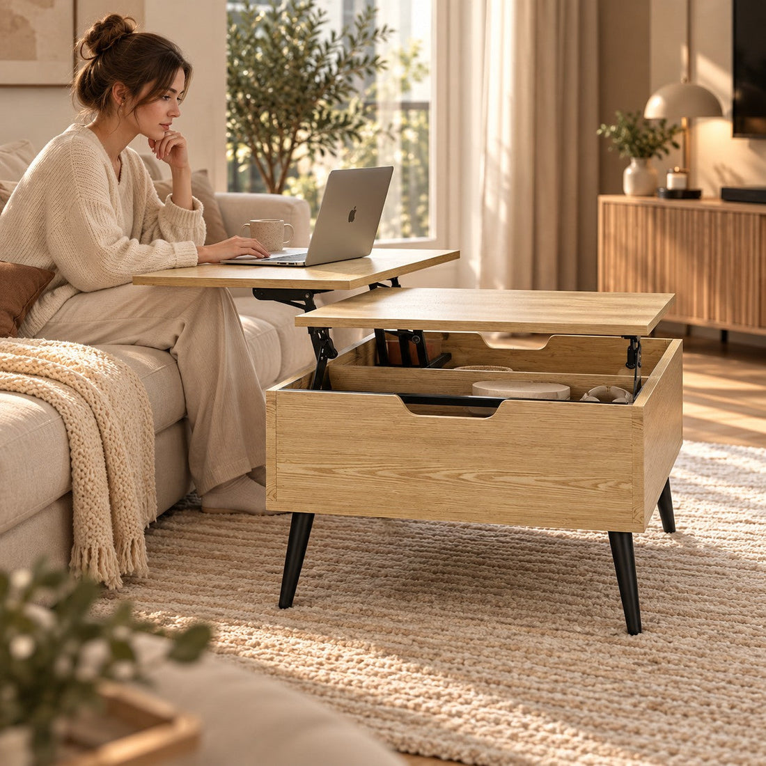 Table relevable double plateau bois, femme qui travaille sur son ordinateur depuis le canapé