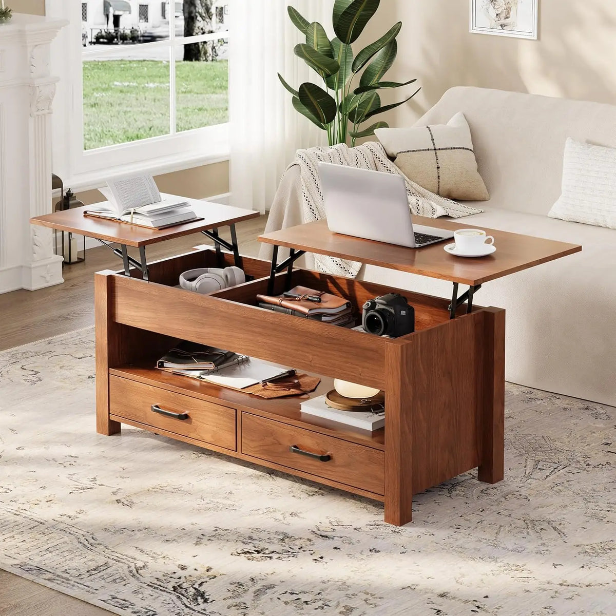 Table basse relevable avec tiroirs et coffre