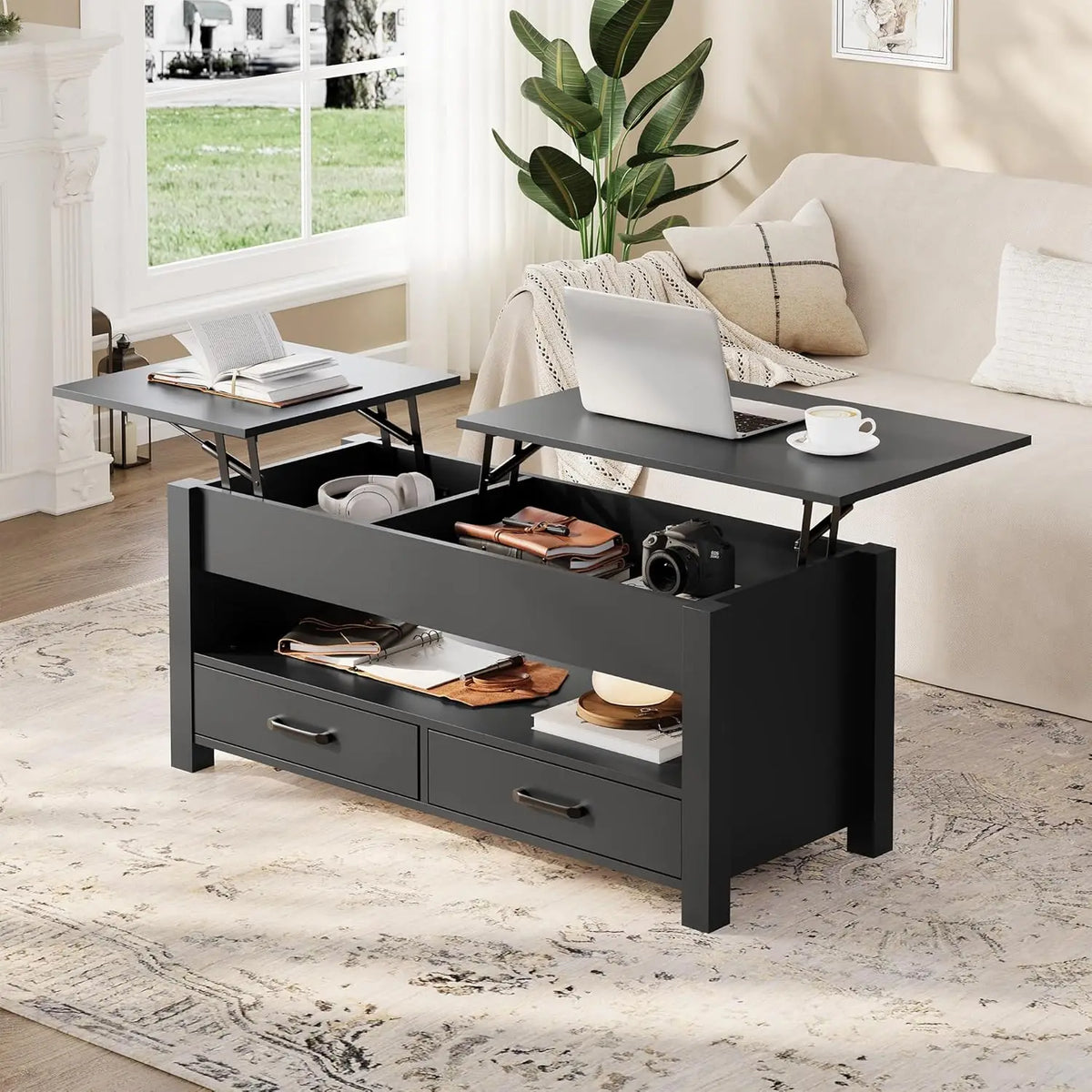 Table basse relevable avec tiroirs et coffre