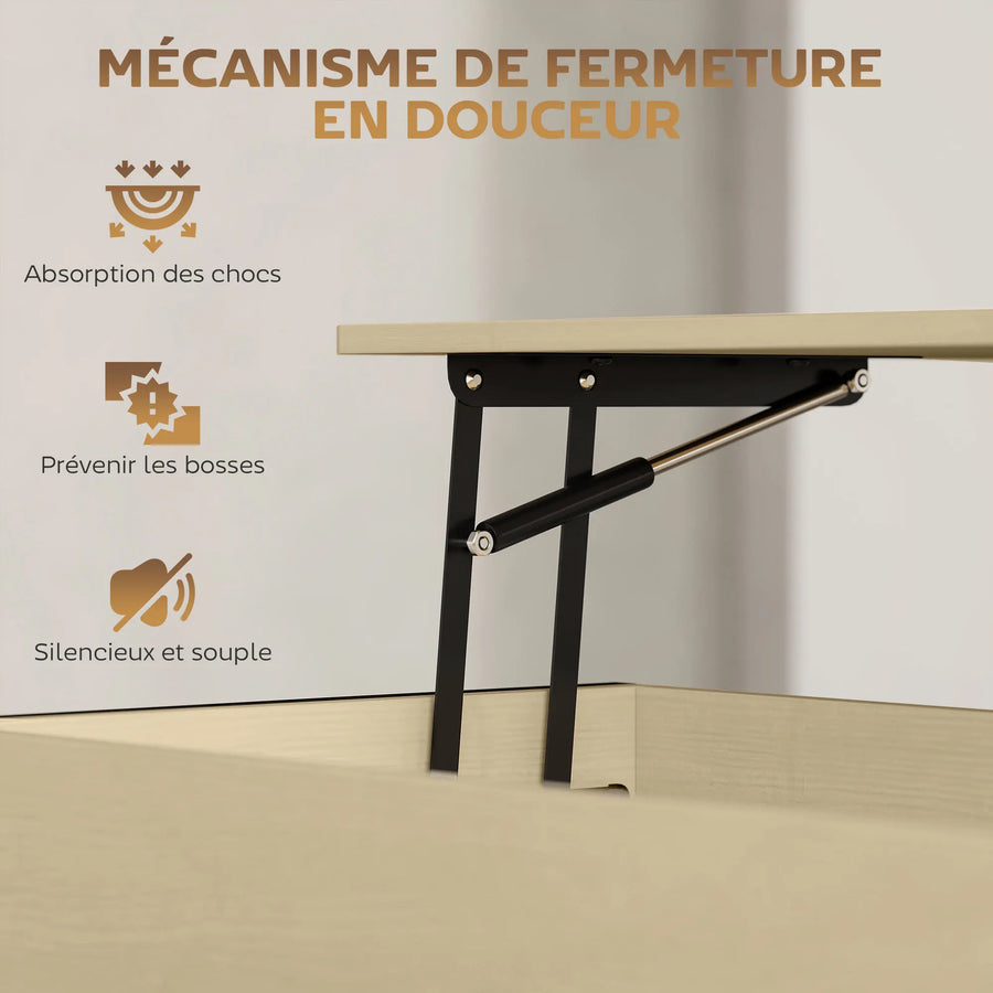 Table basse relevable bois et métal, plateau relevable jusqu'à 59 cm de haut