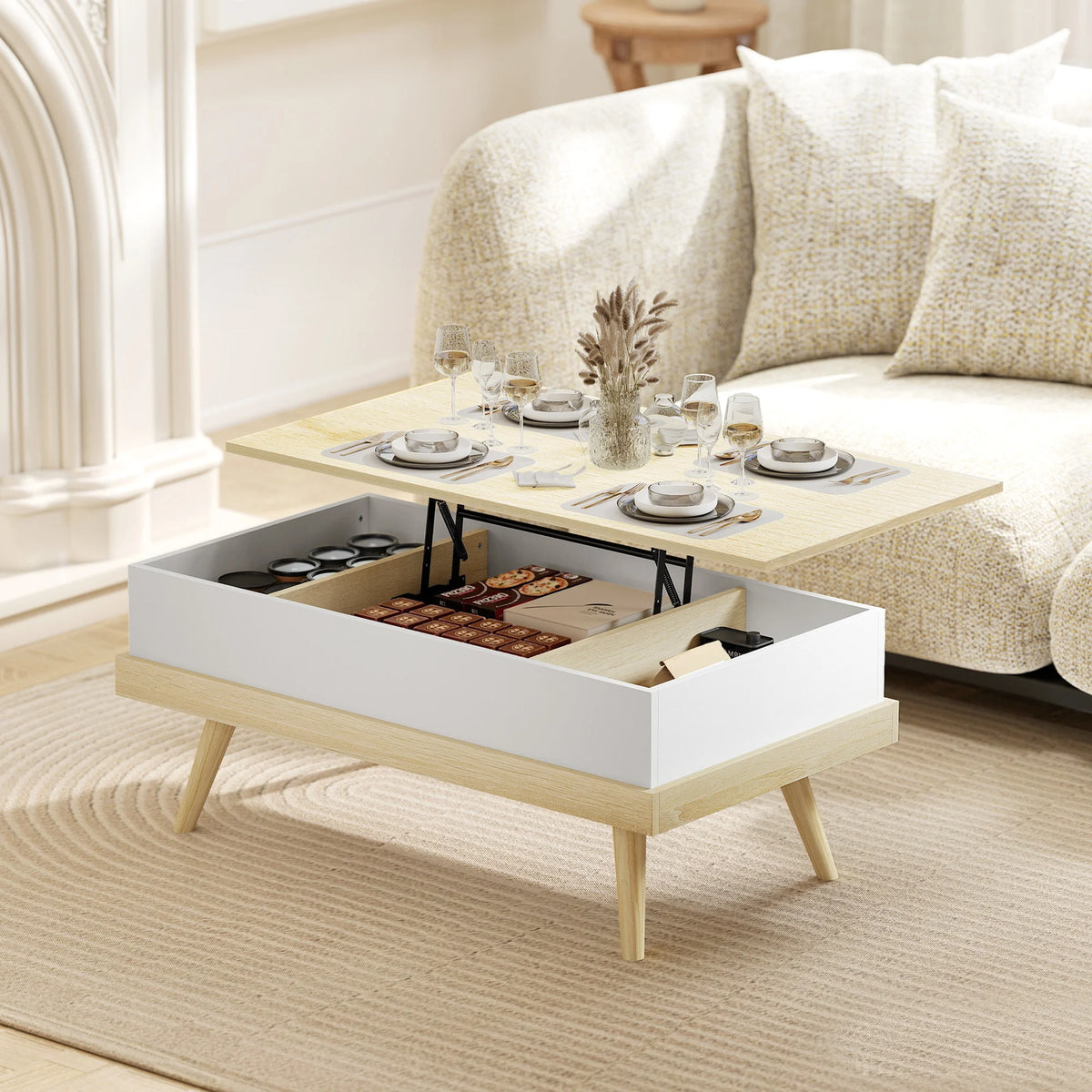 Table basse relevable bois et blanc avec rangement