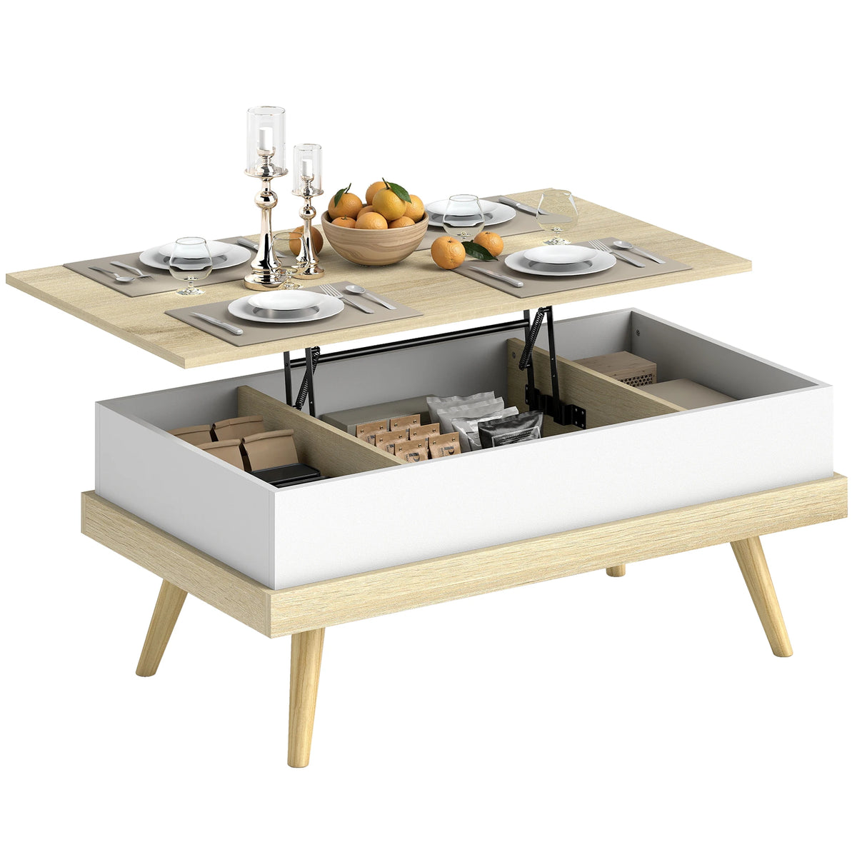Table basse relevable bois et blanc avec rangement