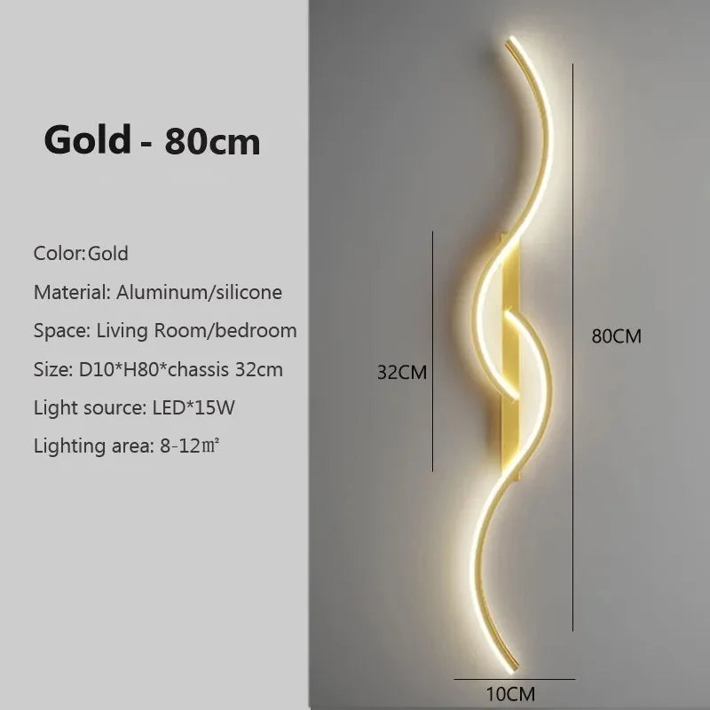 Applique murale LED ondulée noire ou dorée, de 60 à 100 cm