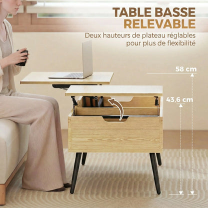 Table basse relevable double plateau bois avec grand rangement caché sous les plateaux