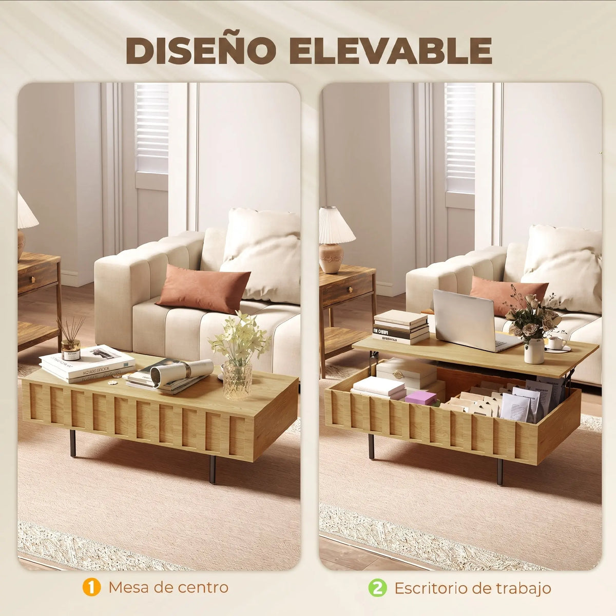 Table basse relevable effet chêne rainuré
