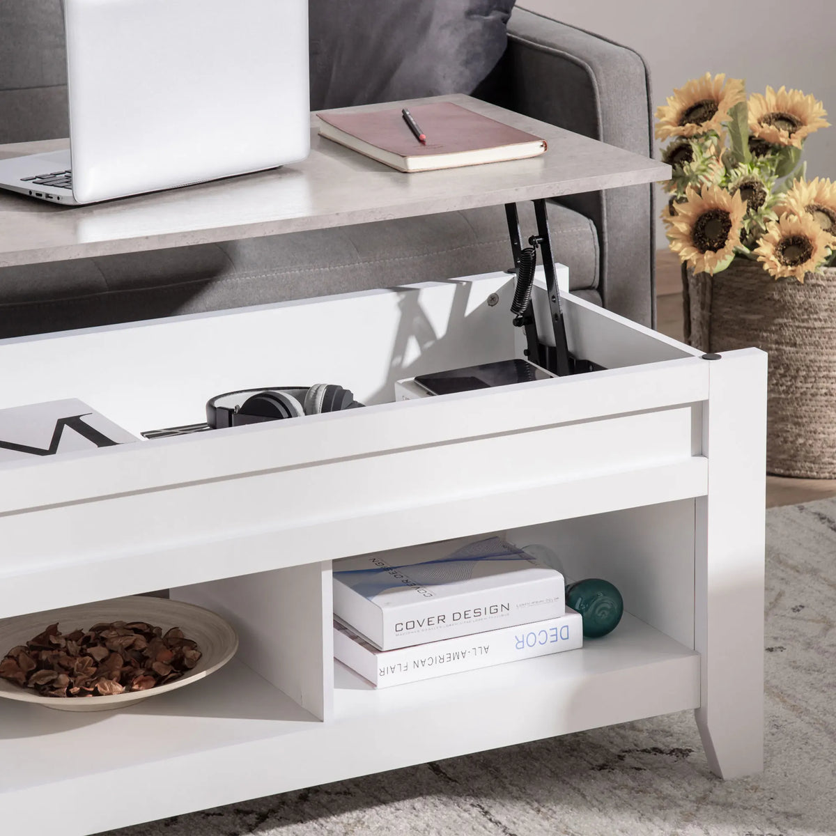 Table basse relevable blanche avec rangement