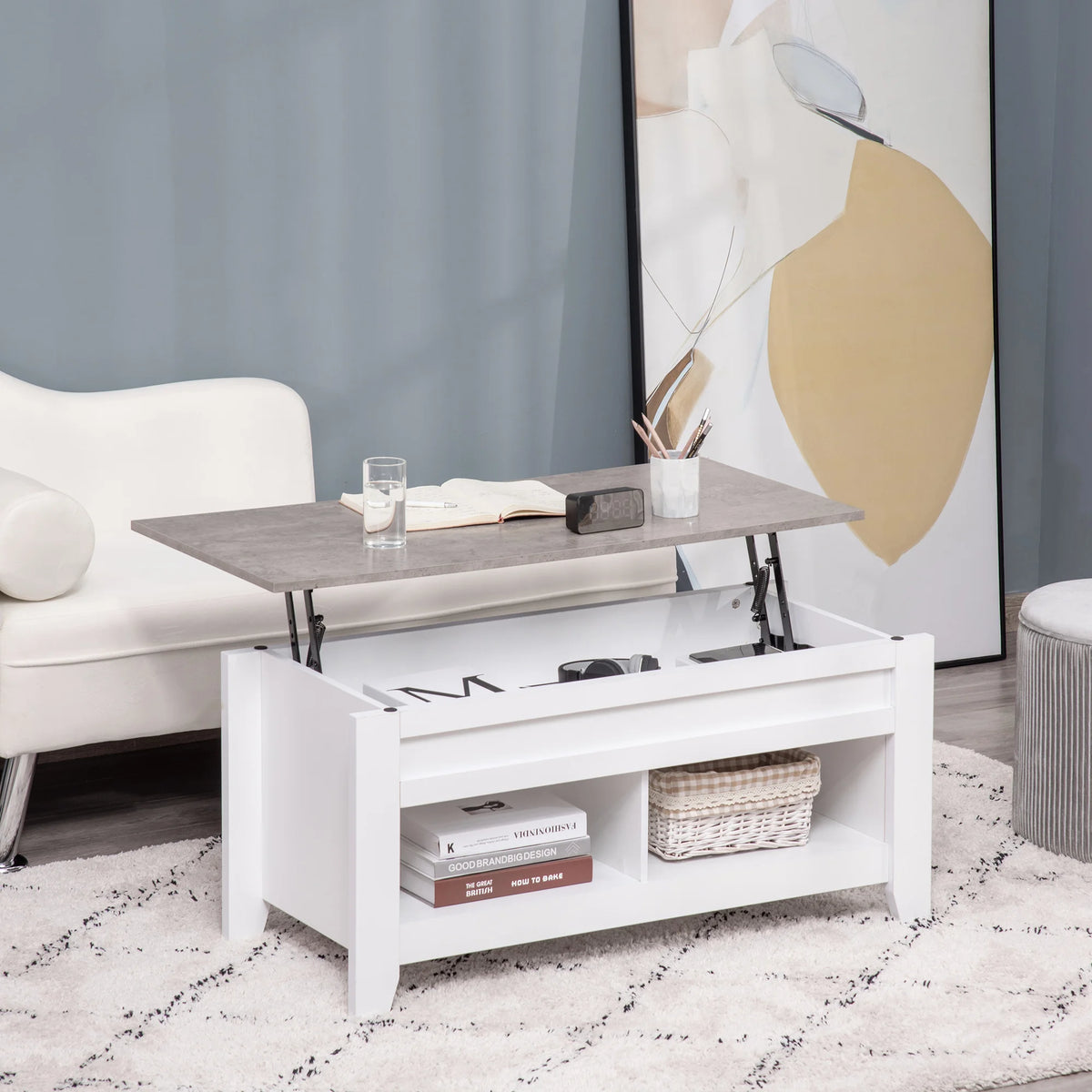 Table basse relevable blanche avec rangement