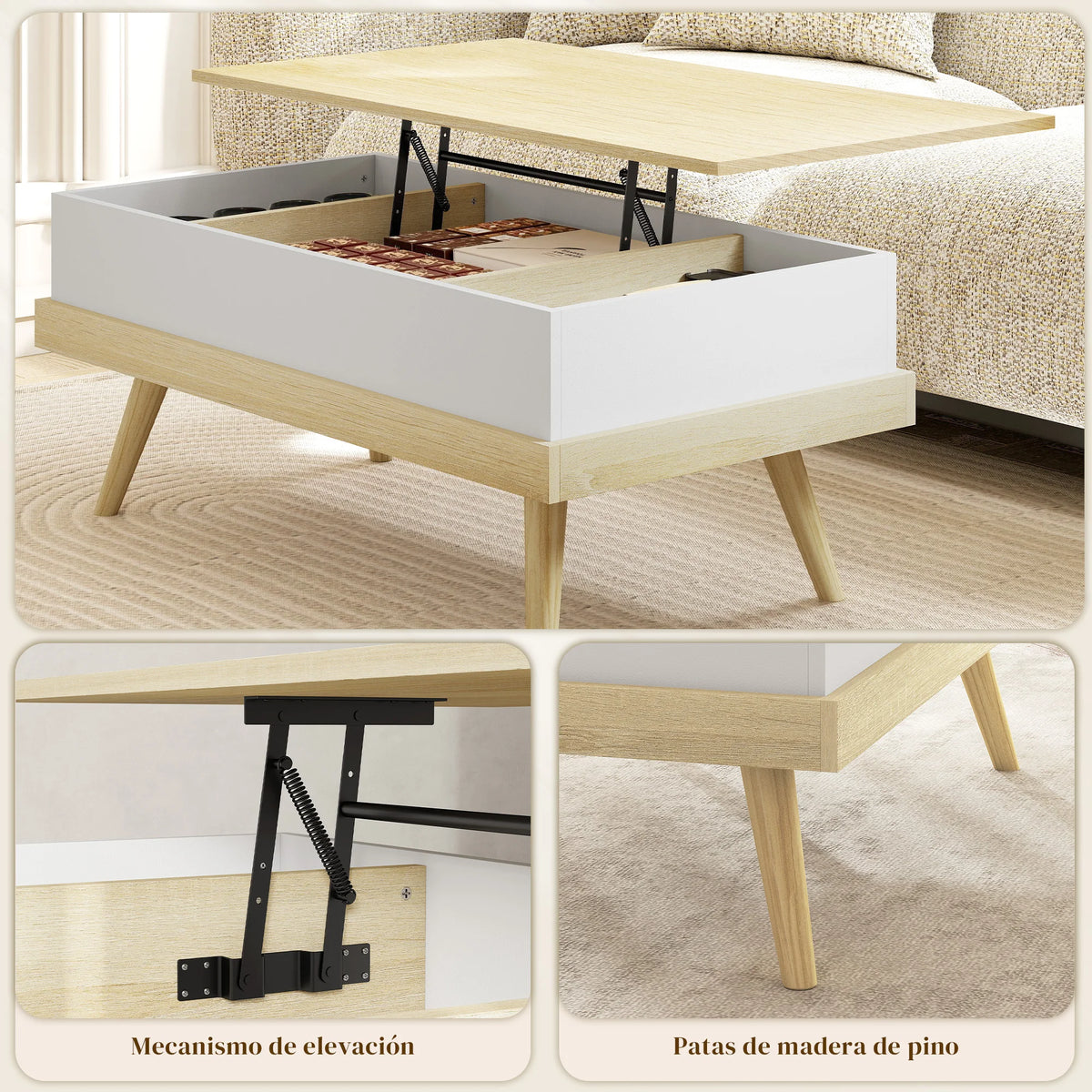 Table basse relevable bois et blanc avec rangement