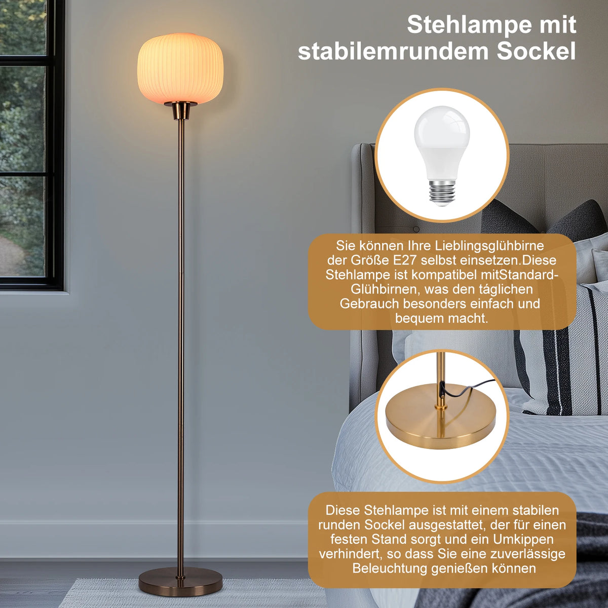 Lampadaire globe en verre blanc, pied doré, 164 cm