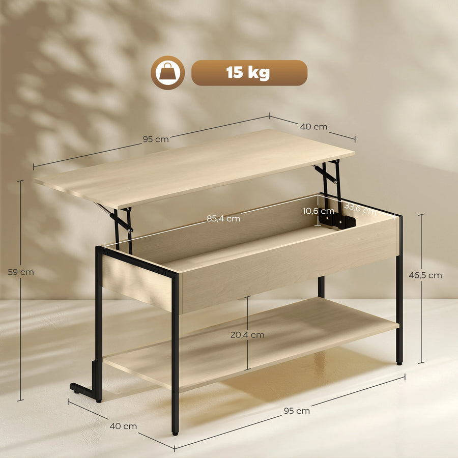 Table basse relevable bois et métal avec compartiment caché et étagère ouverte