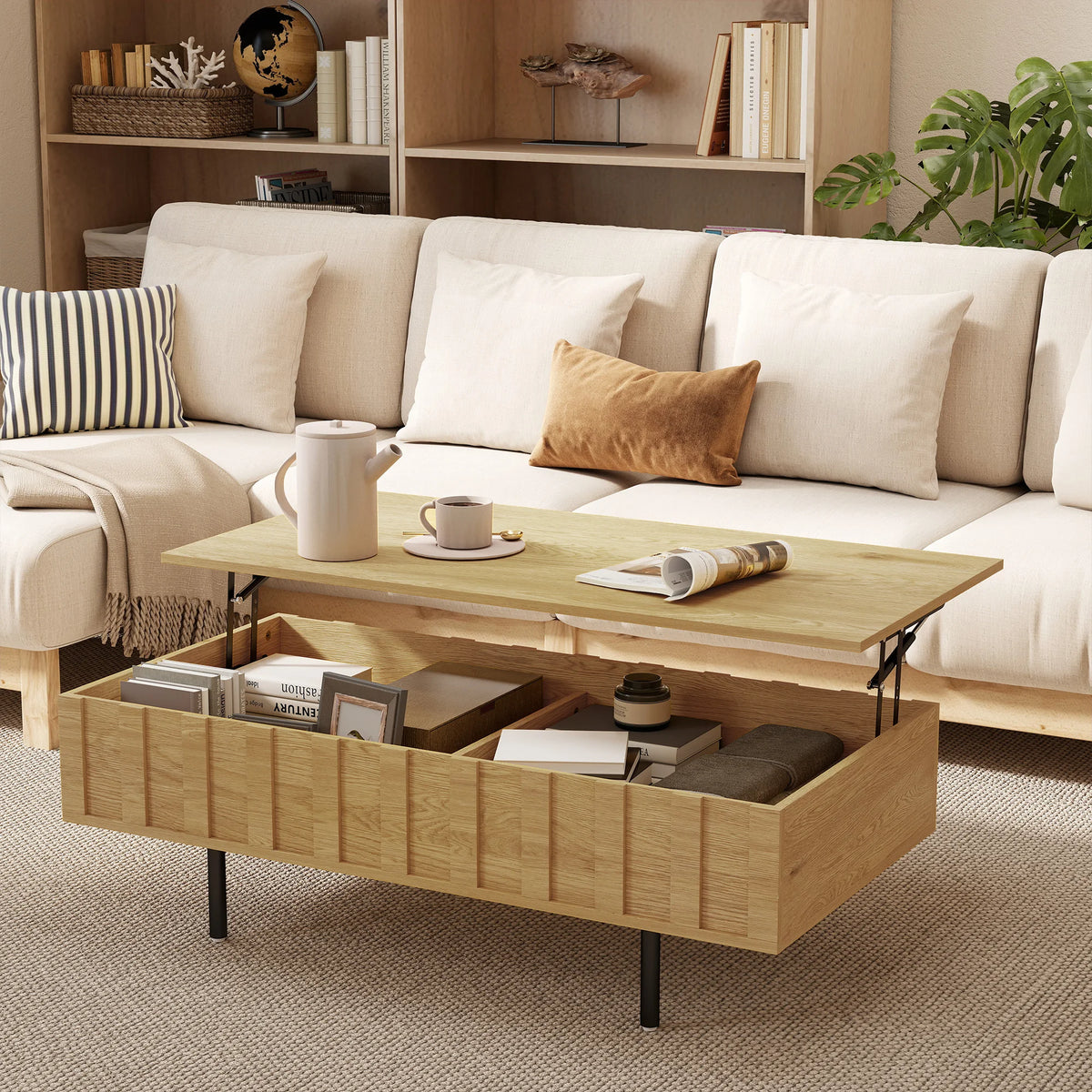 Table basse relevable effet chêne rainuré