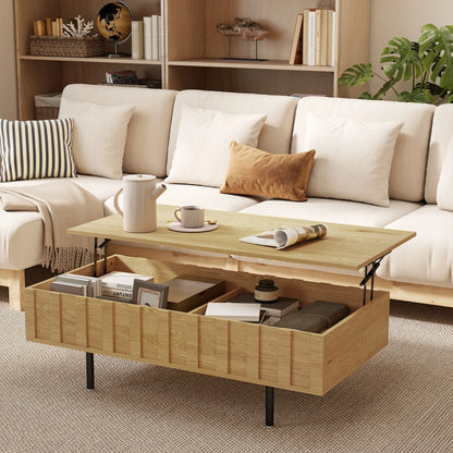 Table basse relevable effet chêne rainuré avec pieds en métal noir