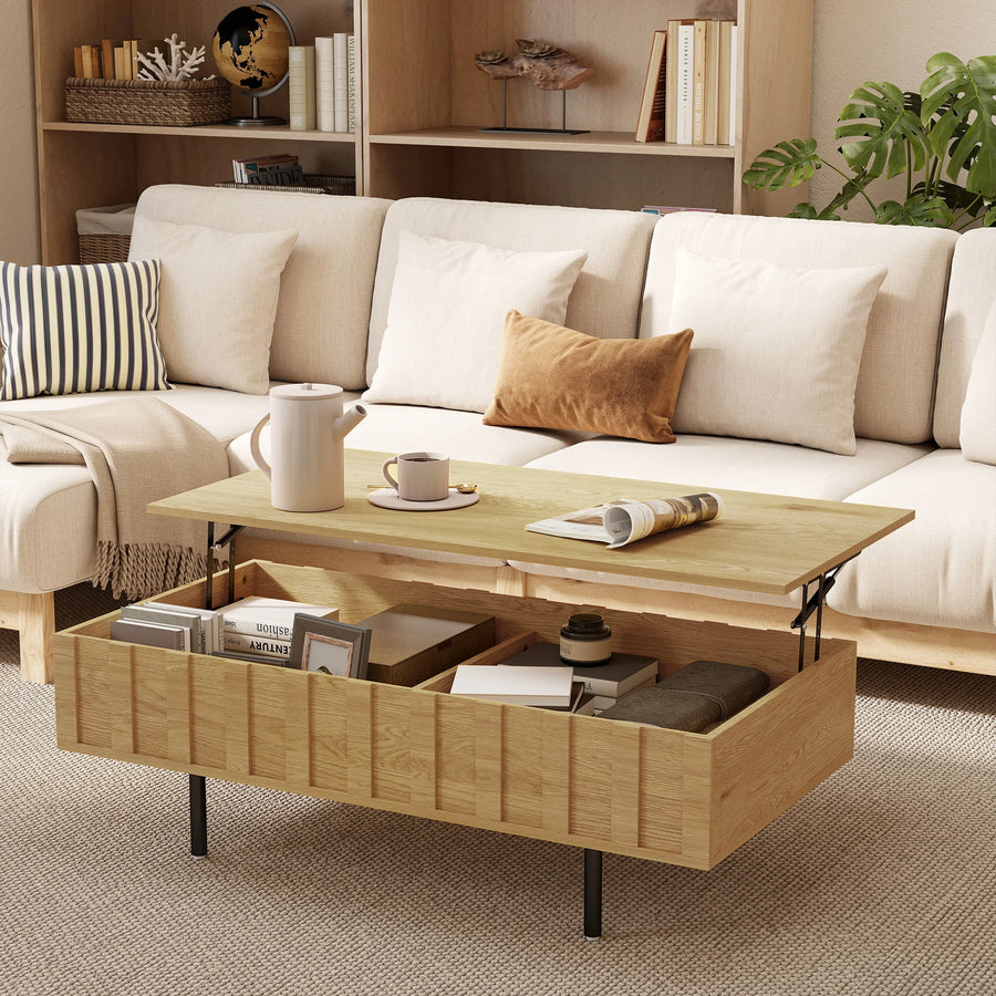 Table basse relevable effet chêne rainuré avec pieds en métal noir