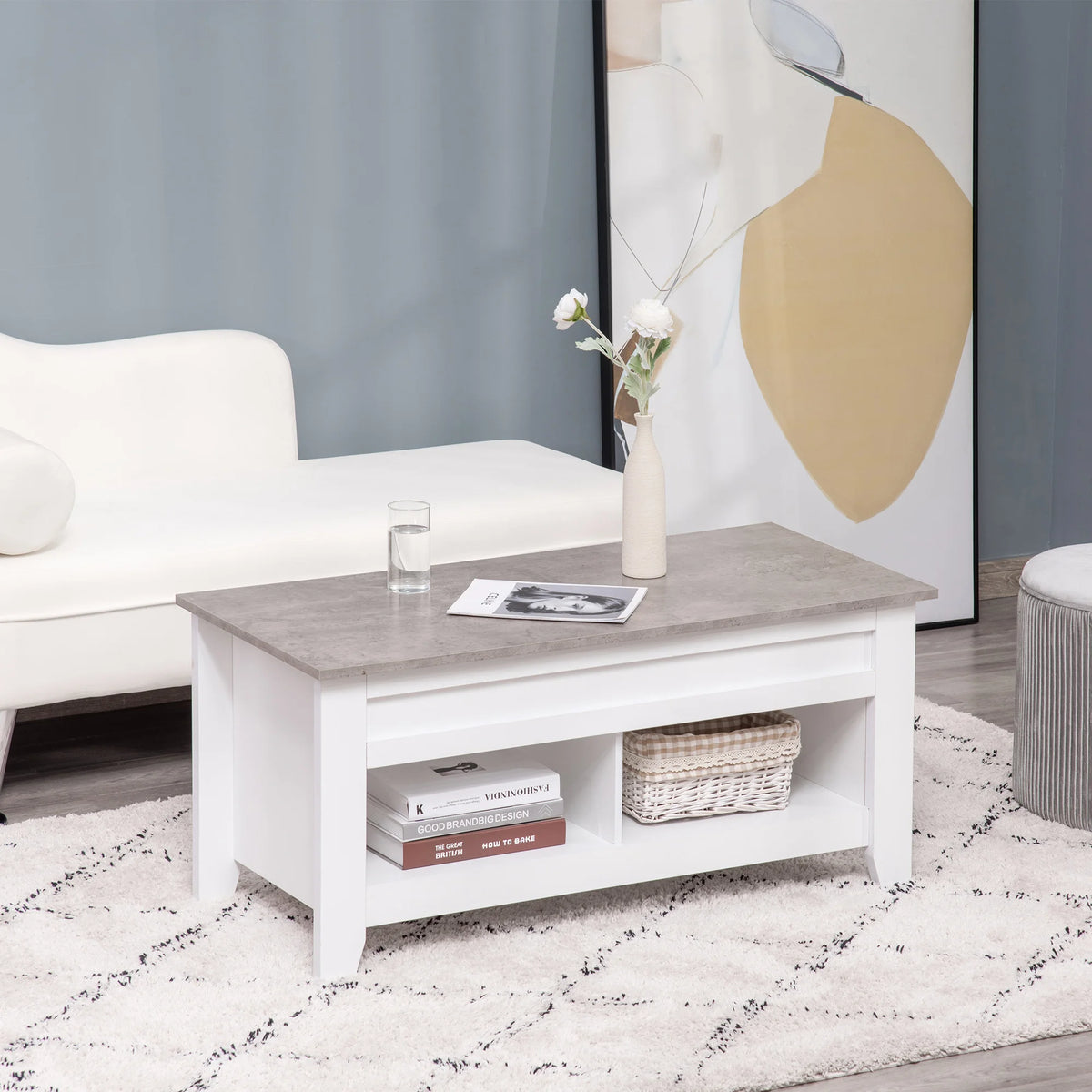 Table basse relevable blanche avec rangement