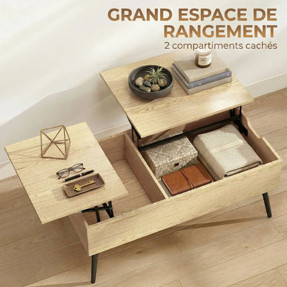 Table basse relevable double plateau bois, un plateau relevable pour chacun