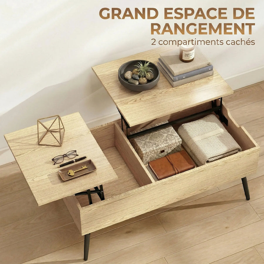 Table basse relevable double plateau bois, un plateau relevable pour chacun