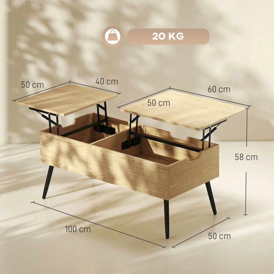 Table basse relevable double plateau bois, finition bois naturel et métal noir