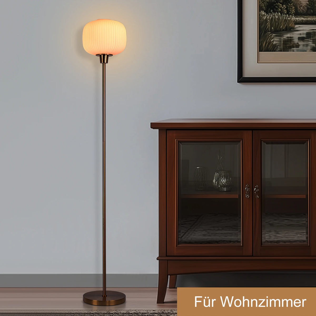 Lampadaire globe en verre blanc, pied doré, 164 cm
