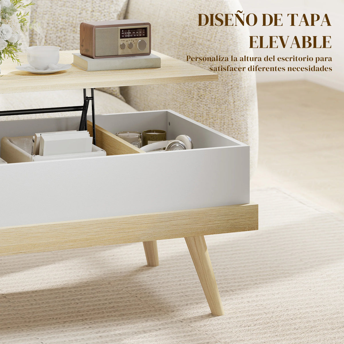 Table basse relevable bois et blanc avec rangement