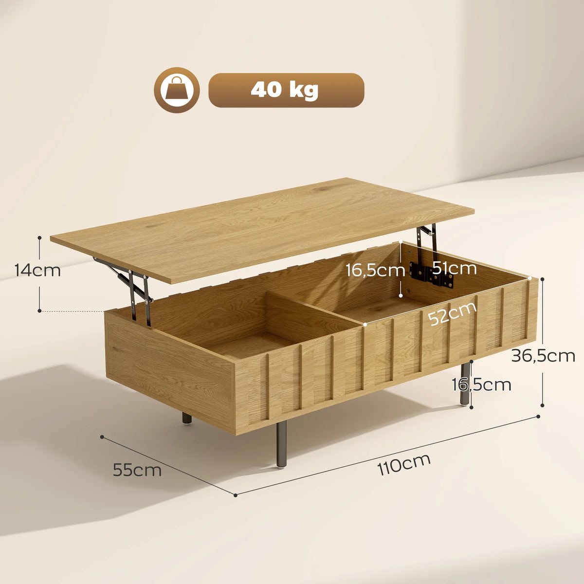 Table basse relevable effet chêne rainuré