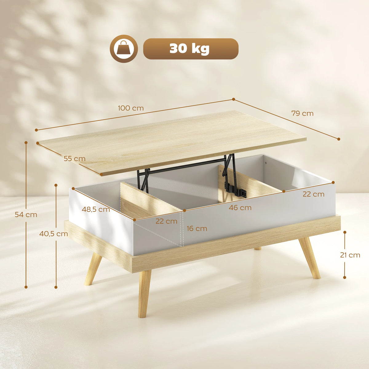 Table basse relevable bois et blanc avec rangement