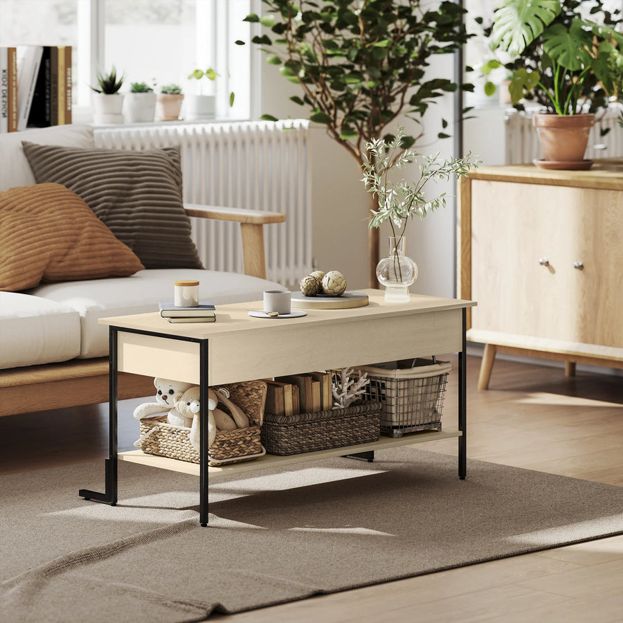 Table basse relevable bois clair et cadre en métal noir