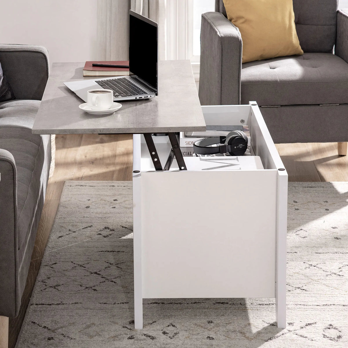 Table basse relevable blanche avec rangement