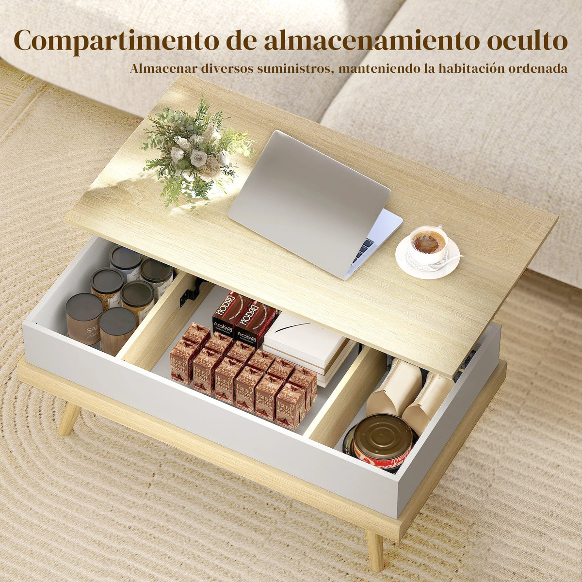 Table basse relevable bois et blanc avec rangement
