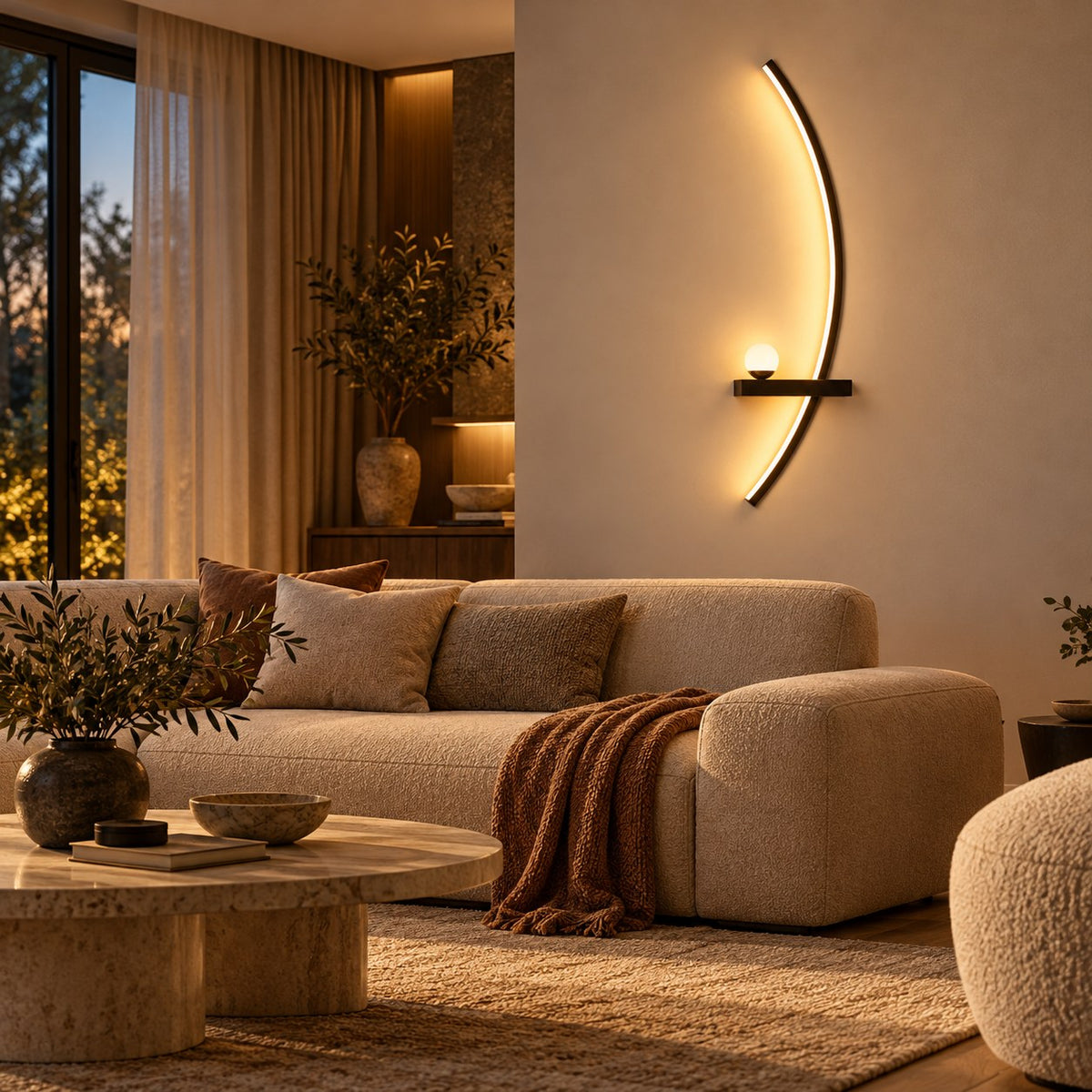 Applique murale LED en arc au-dessus d’un canapé