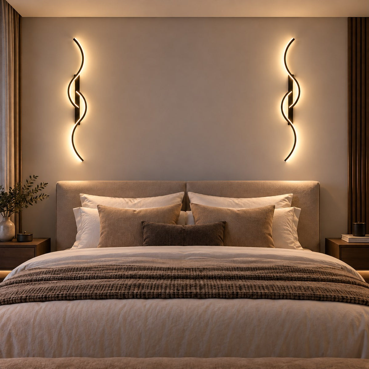 Paire d’appliques murales LED ondulées au-dessus d’un lit