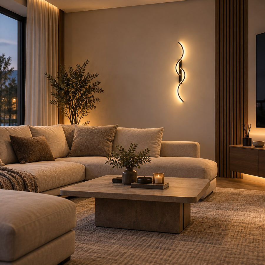 Applique murale LED ondulée dans un salon beige