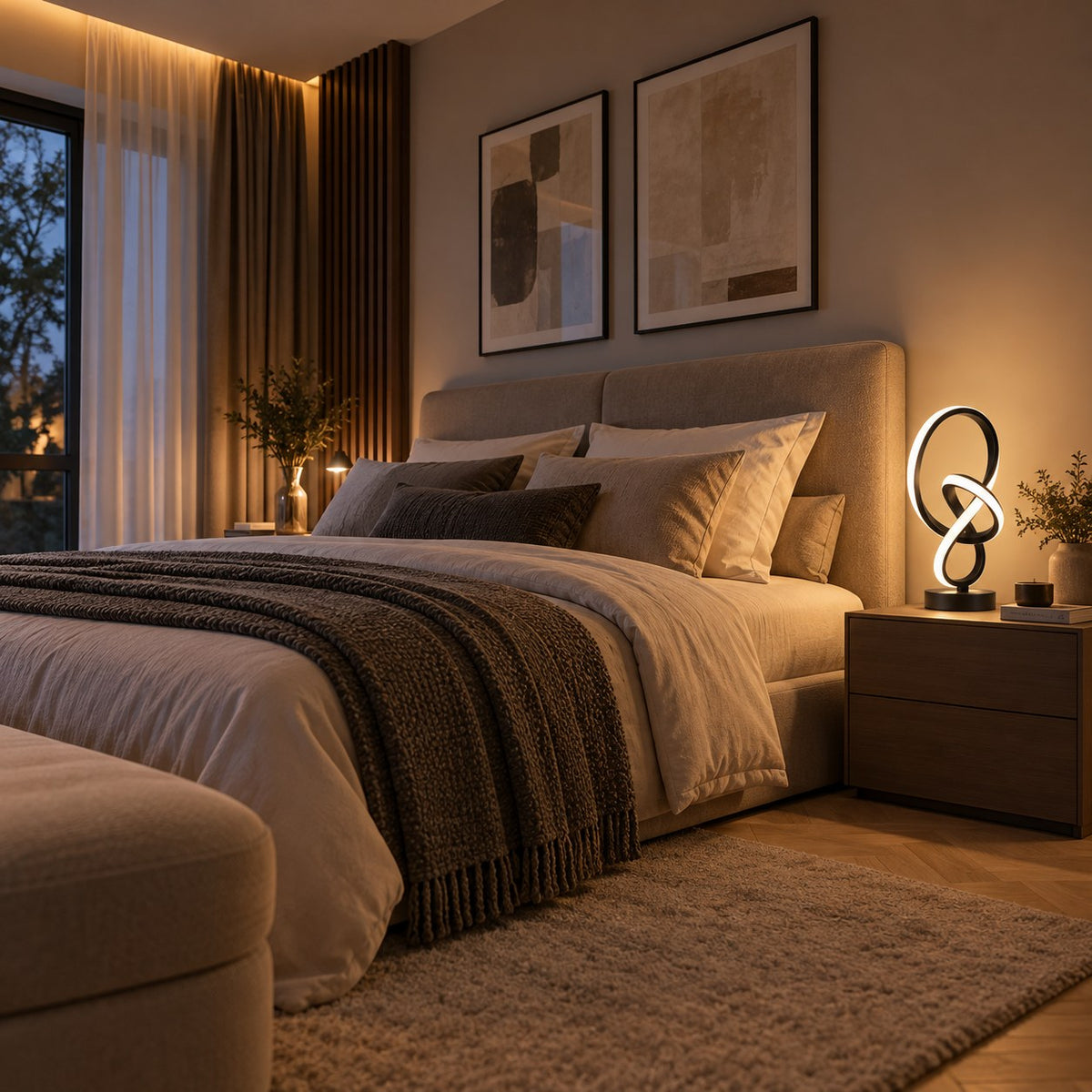Lampe à poser LED design noire sur une table de chevet dans une chambre