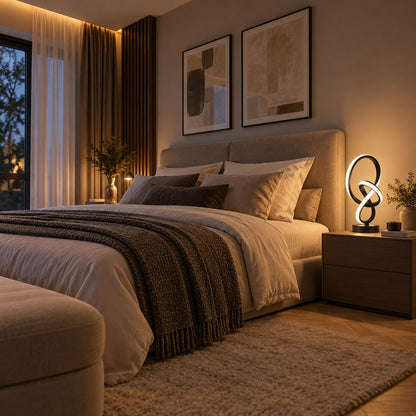Lampe à poser LED design noire sur une table de chevet dans une chambre