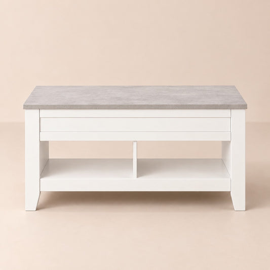 Table basse relevable blanche, plateau effet béton, fermée