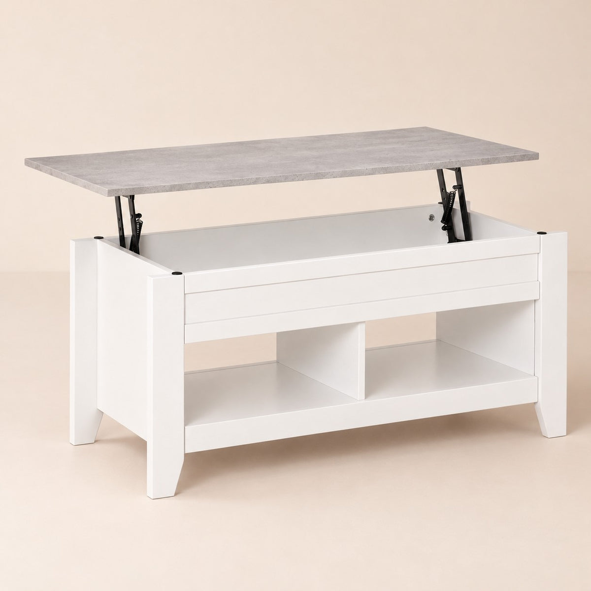Table basse relevable blanche, plateau effet béton, plateau relevé