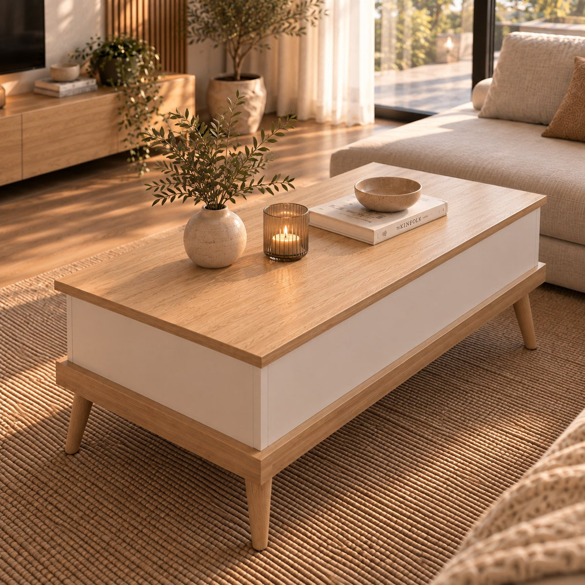 Fermée, une table basse claire et chaleureuse, bois naturel et blanc.