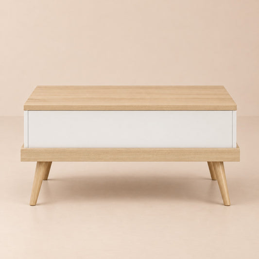 Table basse relevable bois et blanc, fermée