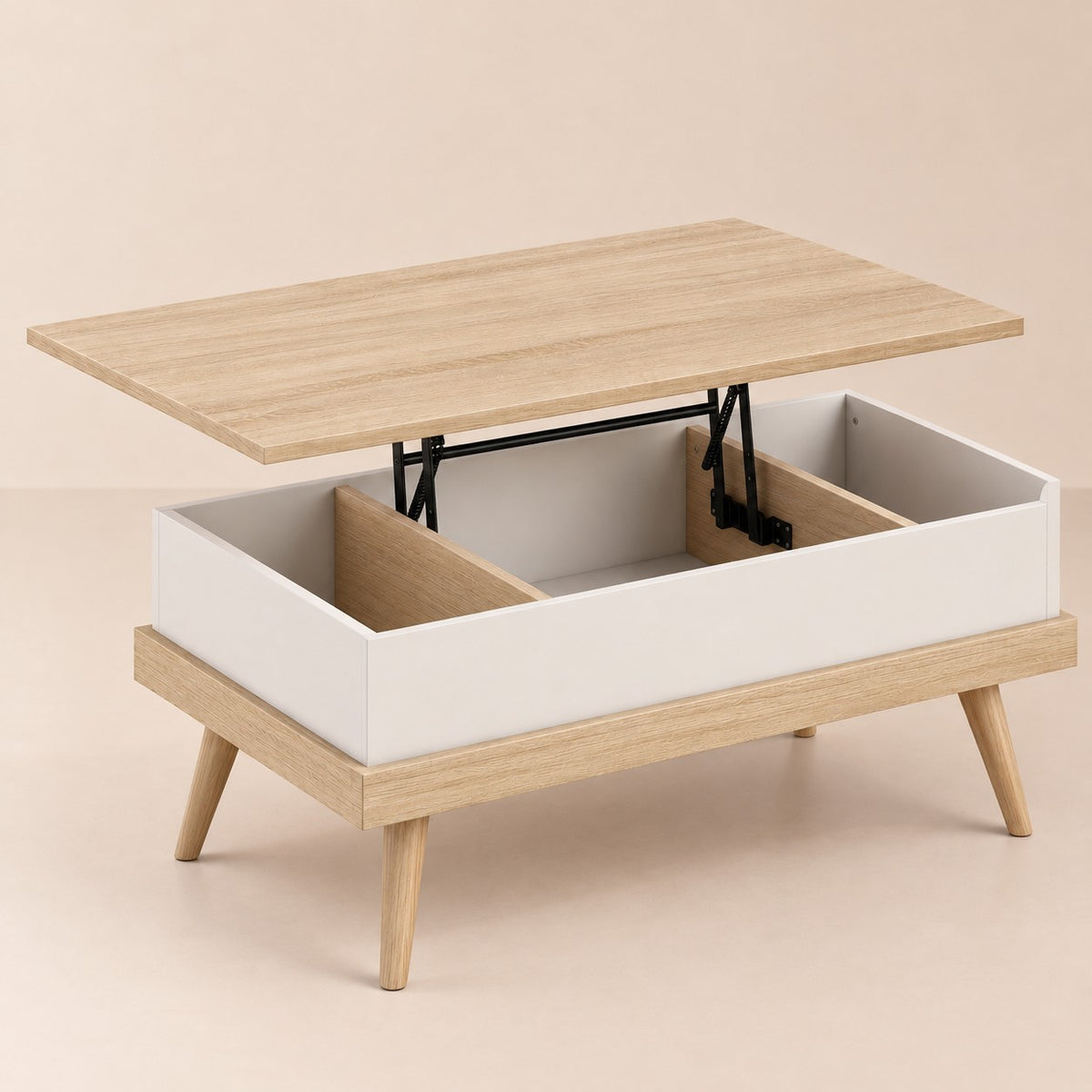 Table basse relevable bois et blanc, plateau relevé