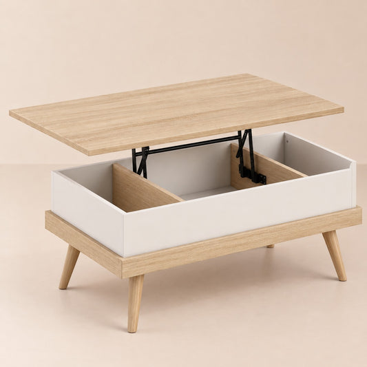 Table basse relevable bois et blanc, plateau relevé