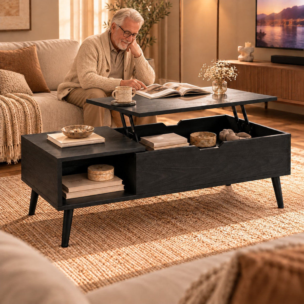 Table relevable bois foncé ouverte avec niche de rangement, lecture au salon