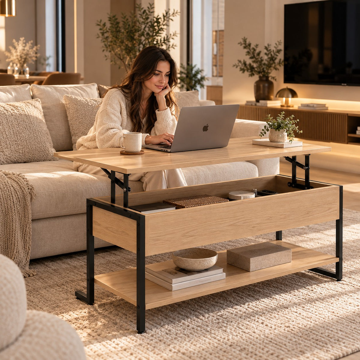 Table relevable bois et métal ouverte, femme qui travaille sur son ordinateur