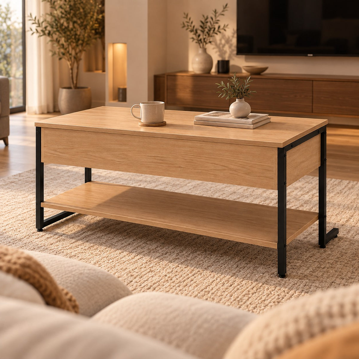 Table basse bois et métal fermée dans un salon