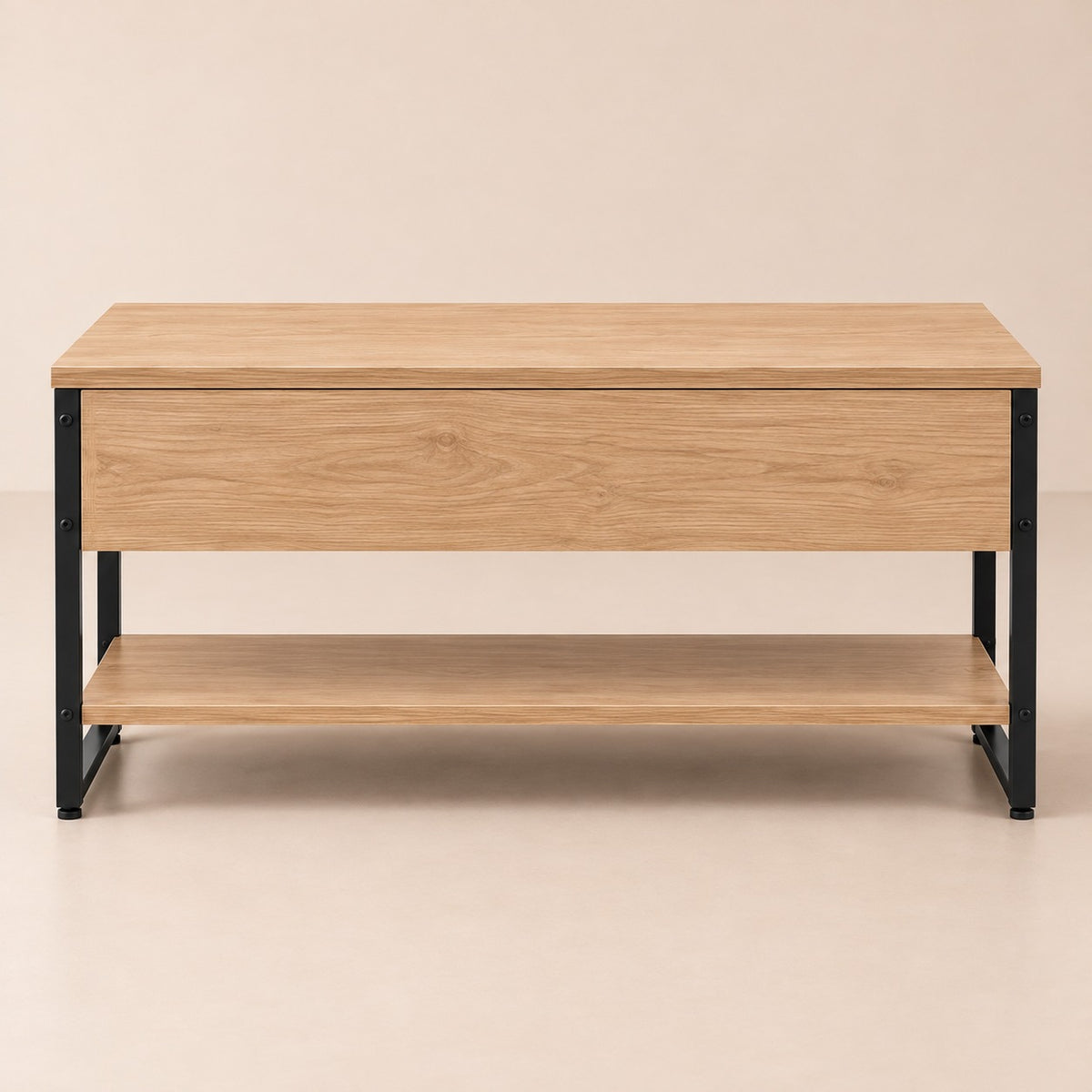 Table basse relevable bois et métal noir, fermée