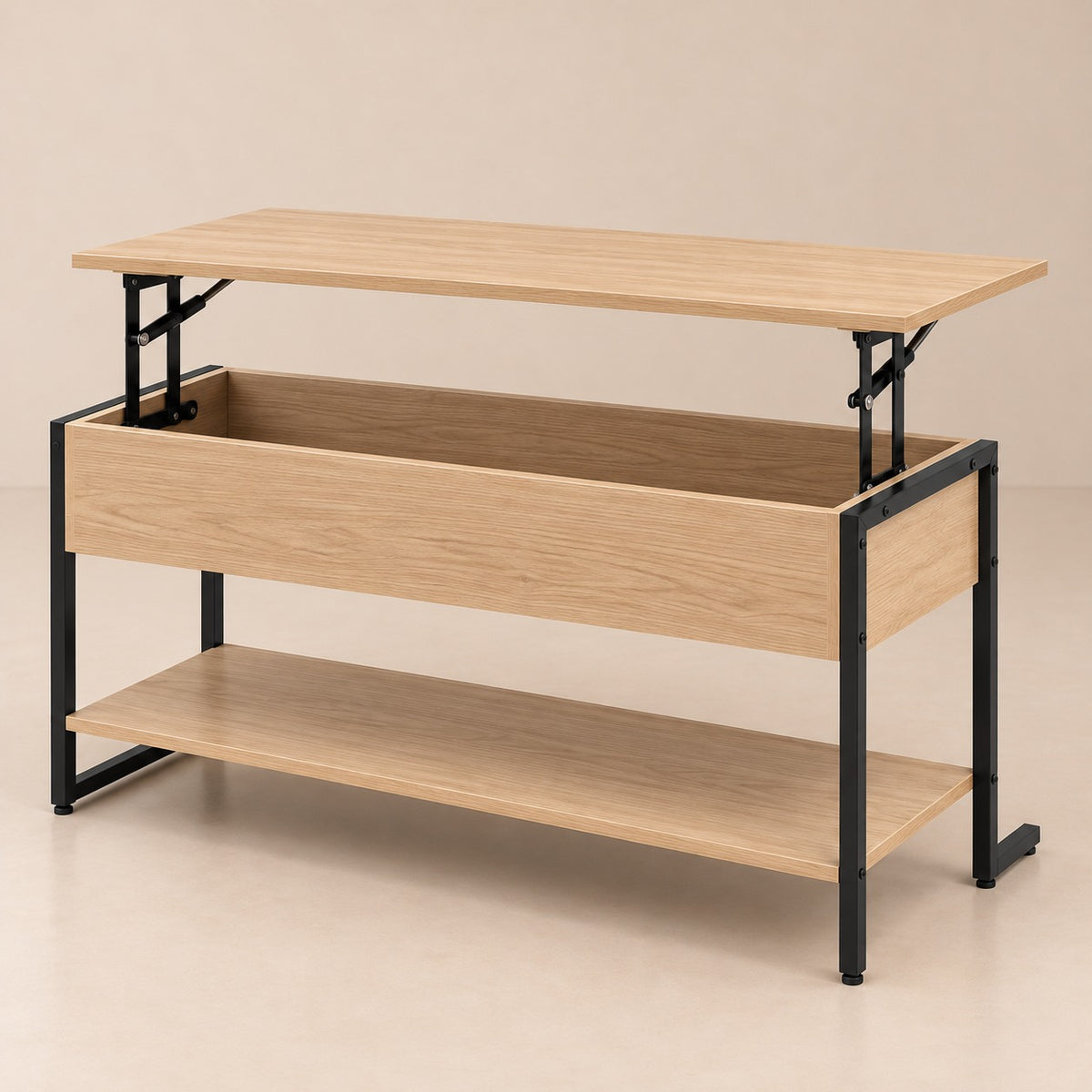 Table basse relevable bois et métal noir, plateau relevé