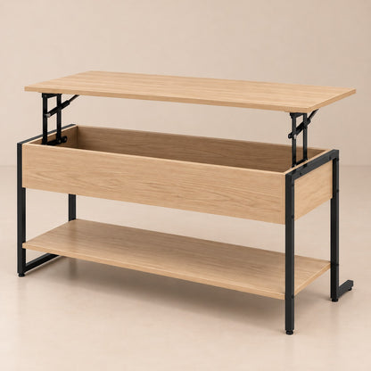 Table basse relevable bois et métal noir, plateau relevé