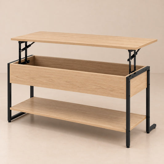 Table basse relevable bois et métal noir, plateau relevé